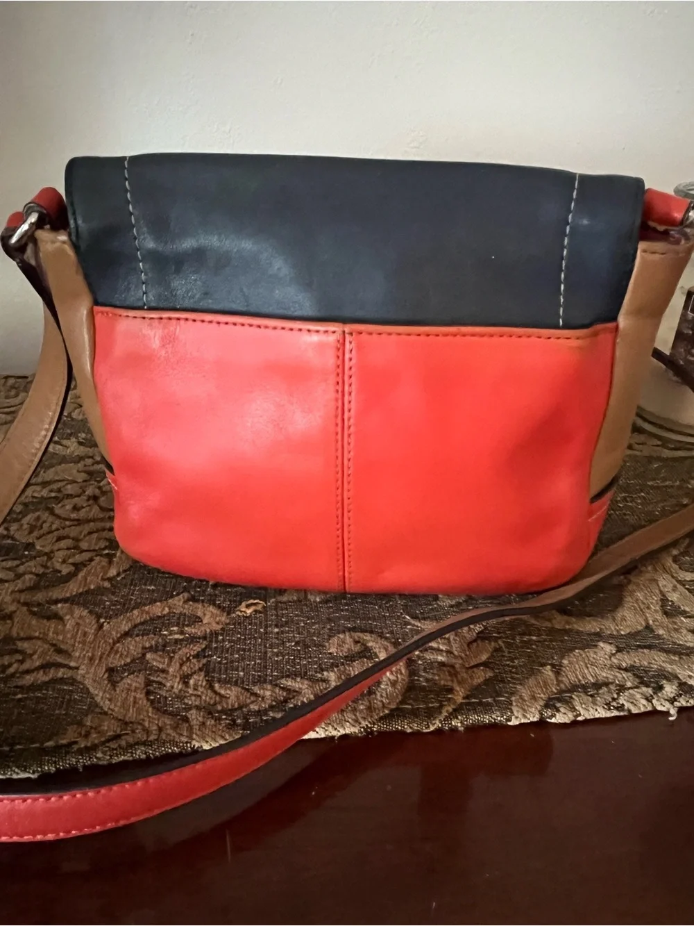 Vintage Coach Colorblock Navy and Coral Crossbody with Tan Sides